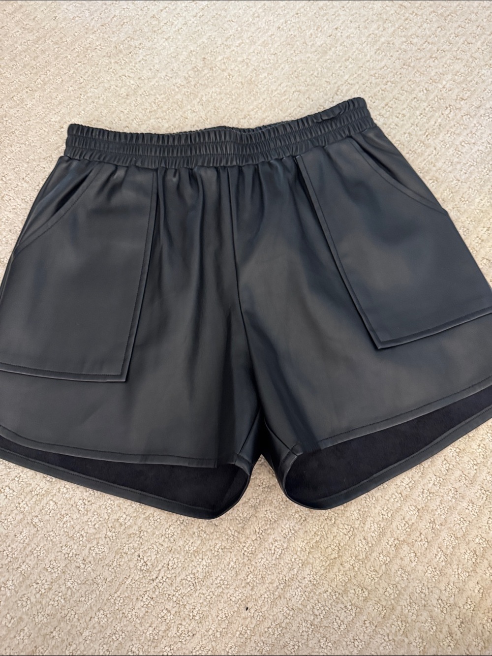Joy Joy Black Faux Leather Black Shorts with Patch Pockets